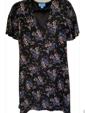 CeCe Black V-Neck Short Sleeve Floral Dress with Blue and Pink Blooms
